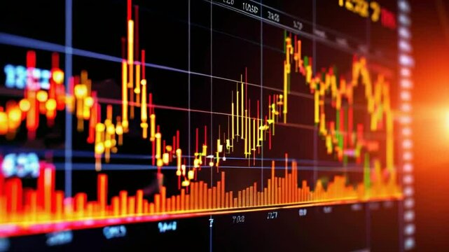 Grafik analisis pasar dengan grafik candlestick dan histogram volume.