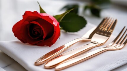 Elegant rose gold cutlery on a white napkin, adorned with a single red rose. Focus point. No people. No logo.