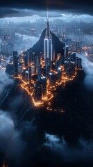 Fototapeta premium A futuristic cityscape is seamlessly built into a mountainside, blending advanced technology with natural landscapes
