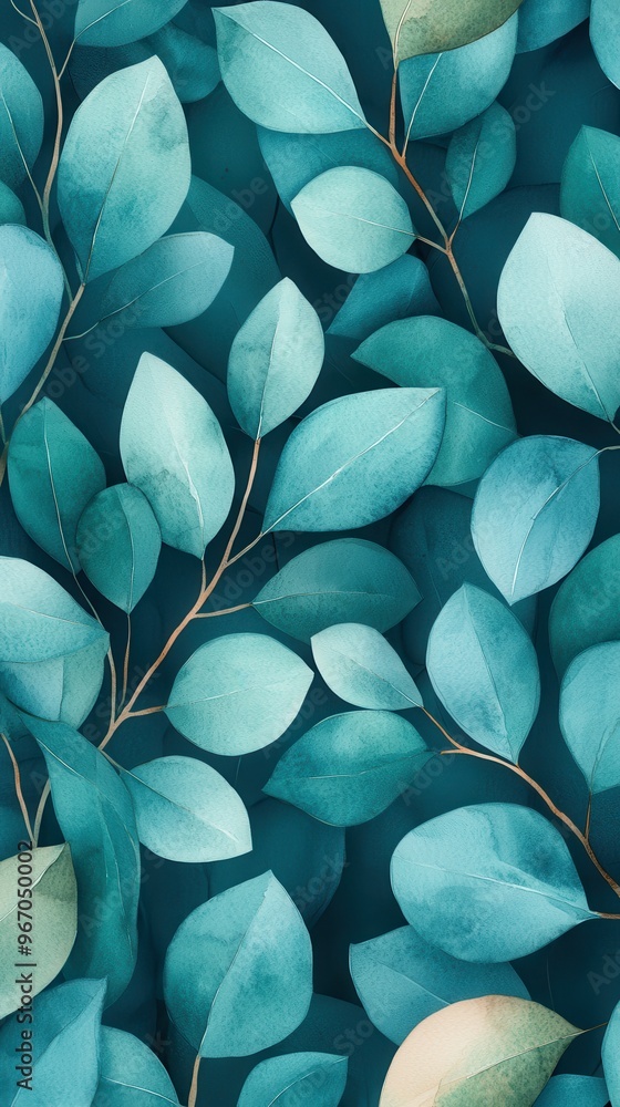 Wall mural teal watercolor eucalyptus leaves background.