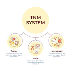 TNM system circular diagram infographic. Cancer diagnostics. Oncology. Tumor and metastasis. Data visualization with 3 options. Hierarchy chart round. Montserrat SemiBold, Lato Regular fonts used © bsd studio