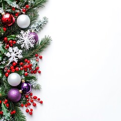 Christmas background - Xmas background with green pine branches, white snowflake ornaments, red and purple baubles, and bright red holly berries. Christmas card concept, Xmas greeting, 