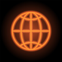 Globe, planet simple icon. Flat design. Orange neon on black background