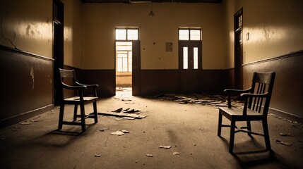 Generative AI, A dimly lit, abandoned room with two wooden chairs, peeling paint, and debris scattered on the floor