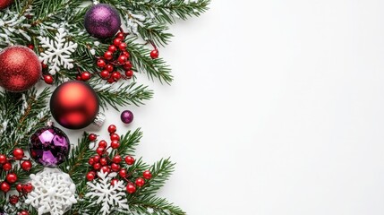 Christmas background - Xmas background with green pine branches, white snowflake ornaments, red and purple baubles, and bright red holly berries. Christmas card concept, Xmas greeting, 