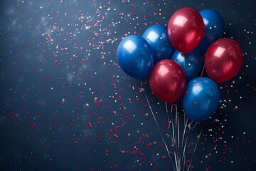 Bunch of red and blue balloons are floating in the air above a blue background with copy space