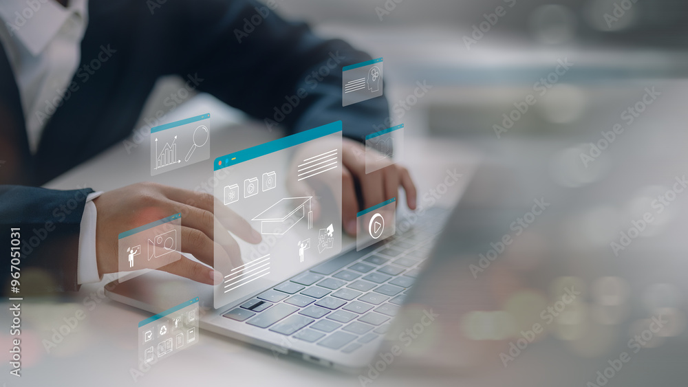 Poster e-learning online learning personal development concept. concept of online education. a man use onli