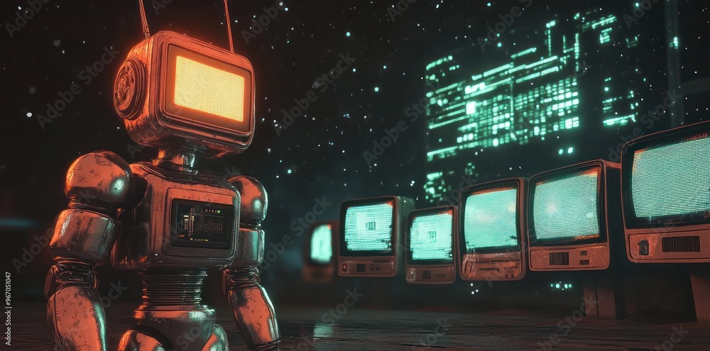 Aufkleber retrofuturistic robot with glowing television head in front of a row of screens