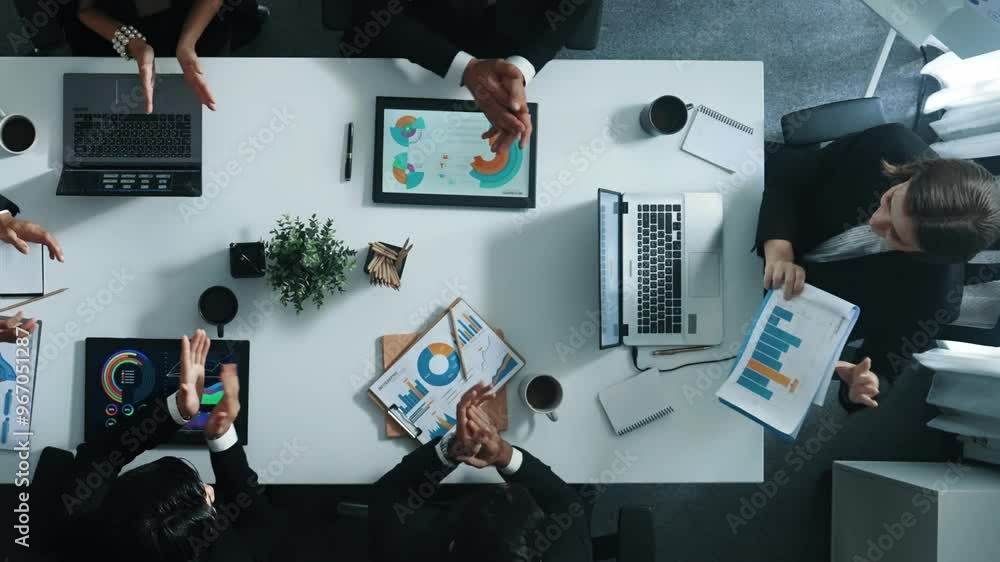 Poster top view of executive manager present growth graph while smart team clap hands and shale hand with m