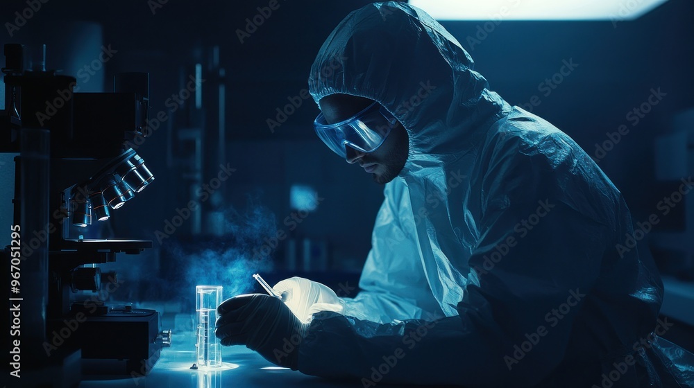 Poster a scientist in a lab coat working with a test tube and microscope