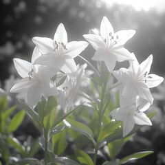 Obraz premium Delicate white lilies basking in soft sunlight during a tranquil spring morning