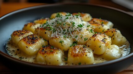 Homemade Gnocchi with Creamy Truffle Sauce and Parmesan Garnish Under Warm Lighting