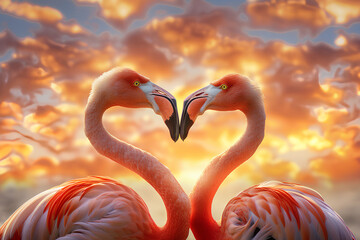 Naklejka premium Two flamingos are facing each other with their beaks touching