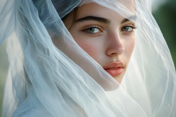 A beautiful woman in white linen garments and a transparent veil in nature. Lightness and beauty. A delicate, feminine girl.