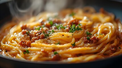 Fototapeta premium Freshly Prepared Pasta Tossed with Savory Sauce in Warm Lighting