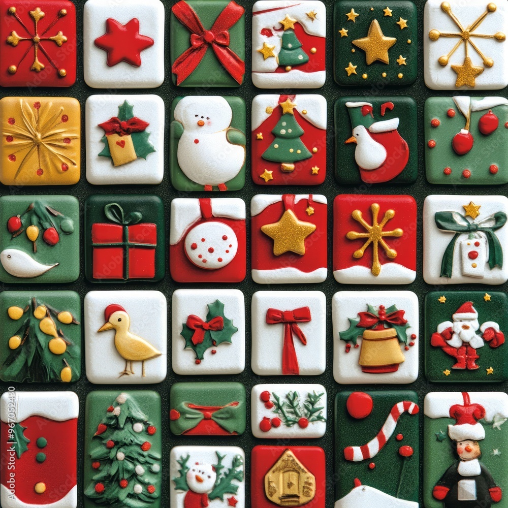 Canvas Prints A grid of festive Christmas themed cookies with various decorations, including presents, stars, snowmen, and reindeer.