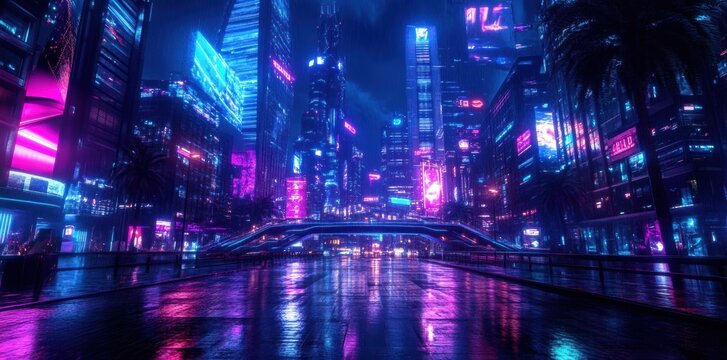 A futuristic mega-city boasts towering skyscrapers, automated walkways, and neon-lit streets brimming with advanced technology