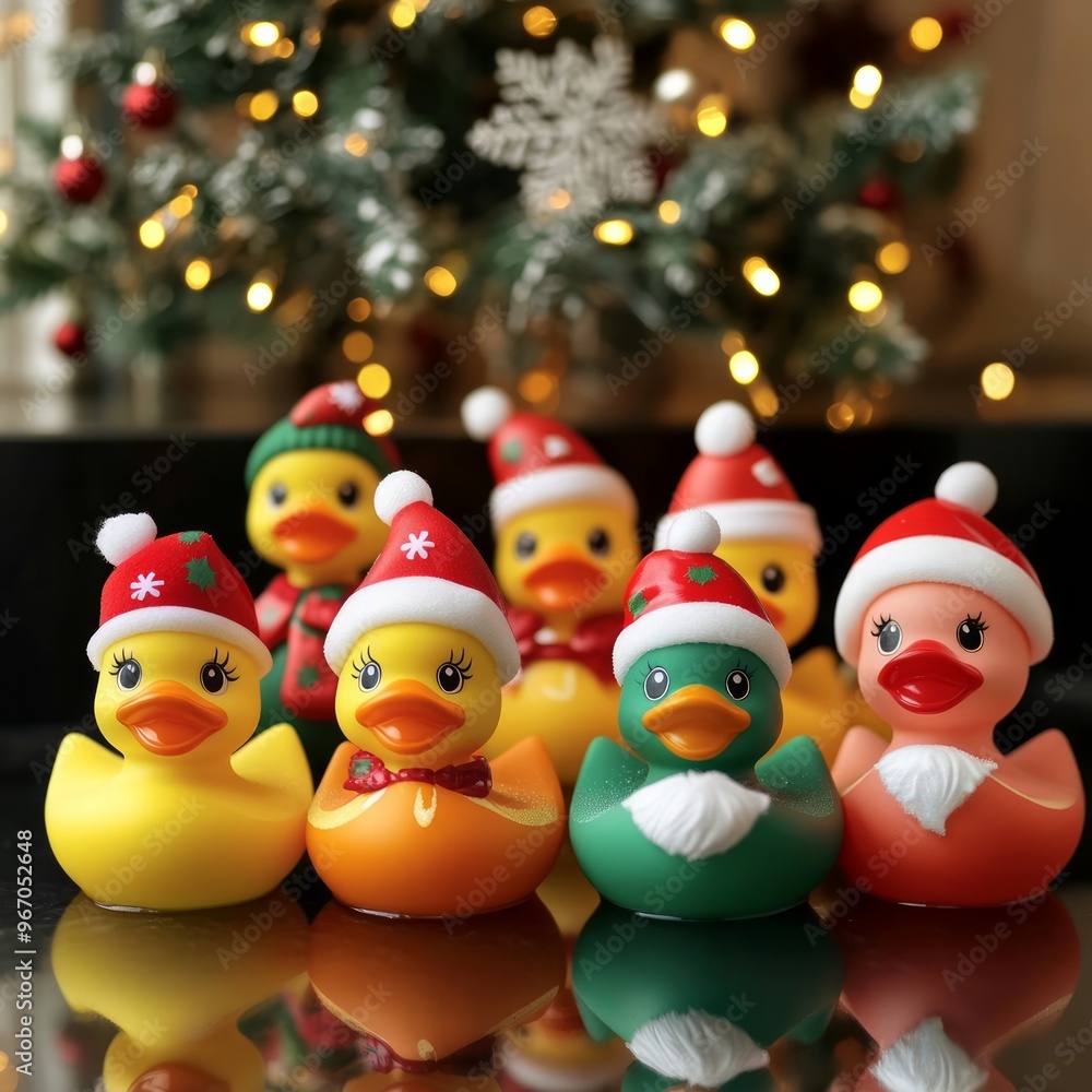 Sticker A group of colorful rubber duckies wearing Santa hats and scarves in front of a Christmas tree.