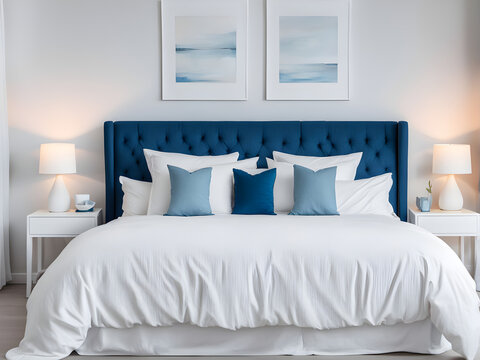 Interior with white bed linen on the sofa. Bedroom with bed, white bedding, and bedside table. White pillows, duvet and duvet case on bed with blue headboard. Front view.