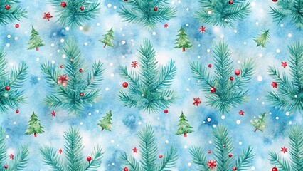 Watercolor Christmas seamless pattern with snow on blue watercolor background