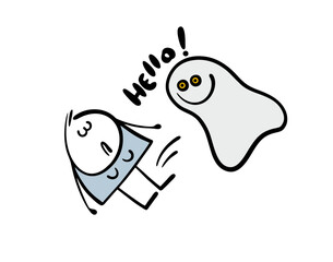 Unfortunate girl is scared and faints. Vector illustration of a funny ghost scaring a woman. A child in a fancy dress made fun of his mother.