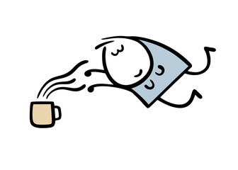Sleepy girl flies in her sleep to a cup of coffee. Good morning and a hot drink. Vector illustration of the magic of fragrant tea. Funny woman sleeps with her eyes closed.