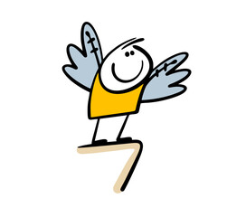 Reckless, stupid stickman put on homemade wings, stands on the edge of a precipice. Vector illustration of a man who wants to fly like a bird. At the top of the mountain, a dangerous occupation.