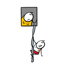 A woman looks out of the window, a man in underpants goes down a rope of sheets. Vector illustration of adultery and infidelity. A shameful situation for a husband and wife.