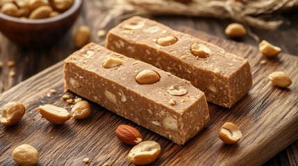 Fototapeta premium Peanut-topped halva slices on a wooden platter.
