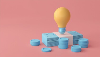 A creative concept of investment and innovation, featuring a light bulb atop blue currency stacks, symbolizing bright ideas.