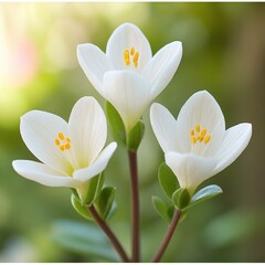 Fototapeta premium Delicate white flowers bloom under soft sunlight in a serene garden setting