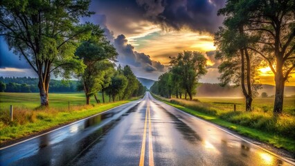 Wet country road leading through trees at sunrise after rain..
