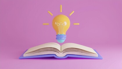 A creative concept of an open book with a glowing light bulb, symbolizing knowledge and inspiration against a pink backdrop.