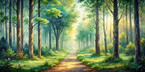 watercolor forest background with path
