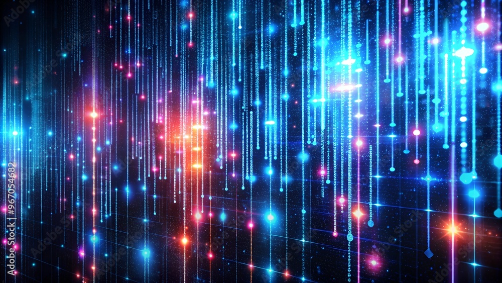 Poster abstract digital background with vertical neon lines and glowing particles, colorful and vibrant des