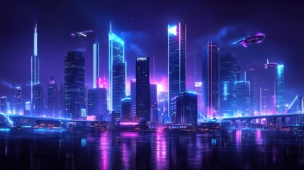 Fototapeta premium A futuristic skyline showcases sleek skyscrapers, flying cars, and interconnected glass bridges under a neon-lit sky