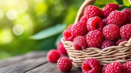 A basket of raspberries on a table with leaves around it, AI