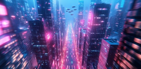 Futuristic Cityscape with Neon Lights and Flying Vehicles