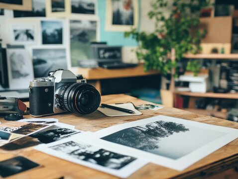 Capturing memories in a creative workspace filled with photography and artistic prints