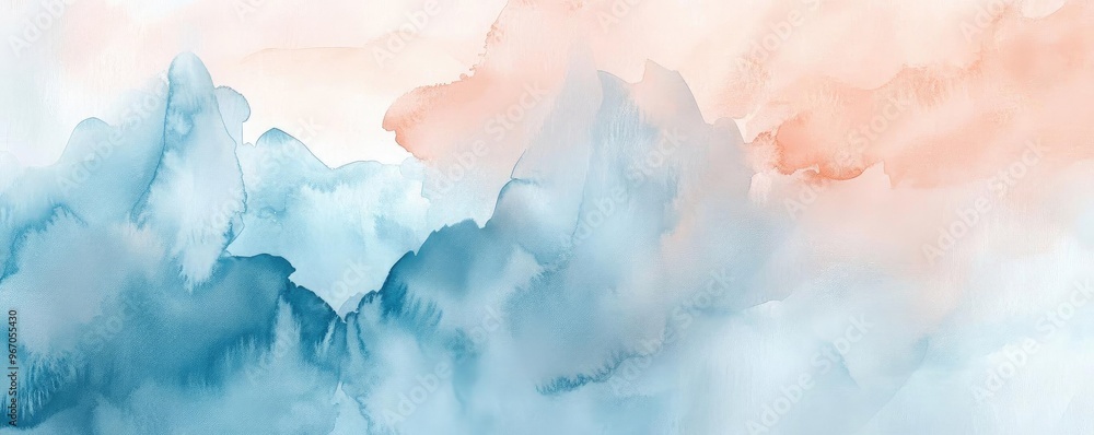 Poster a serene blend of blue and peach watercolor clouds creates a calming abstract background, perfect fo