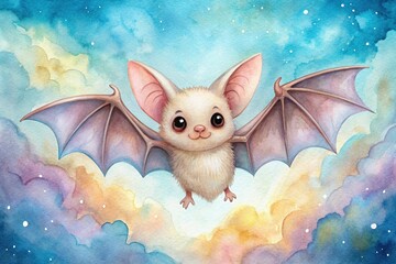 Watercolor illustration of cute bat flying over dreamy background