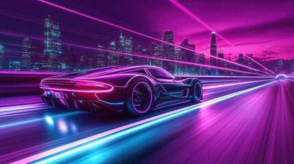 Fototapeta premium A futuristic black sports car driving through a neon city at night