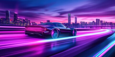 Fototapeta premium Futuristic Sports Car Speeding Through a Neon-Lit City at Night