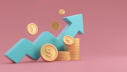 A vibrant graphic representing financial growth with coins and an upward arrow on a pink background.