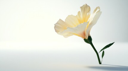 Obraz premium A Single Pale Yellow Flower with Green Stem and Leaves