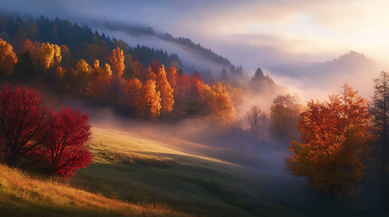 Beautiful foggy morning over the autumn hills