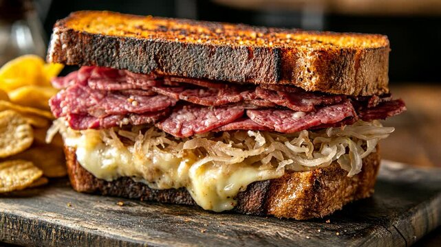 Delicious Reuben sandwich with corned beef, sauerkraut, and melted cheese served with chips
