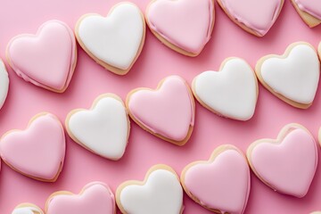 Obraz premium Heart-Shaped Iced Cookies in Rows for Valentines Day