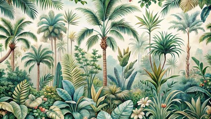 Obraz premium Watercolor painting of a jungle landscape in retro style, eye level view