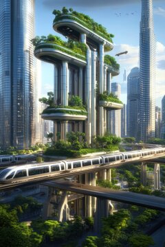 A futuristic utopia features layered streets, green parks atop skyscrapers, hyperloop trains, and self-cleaning systems